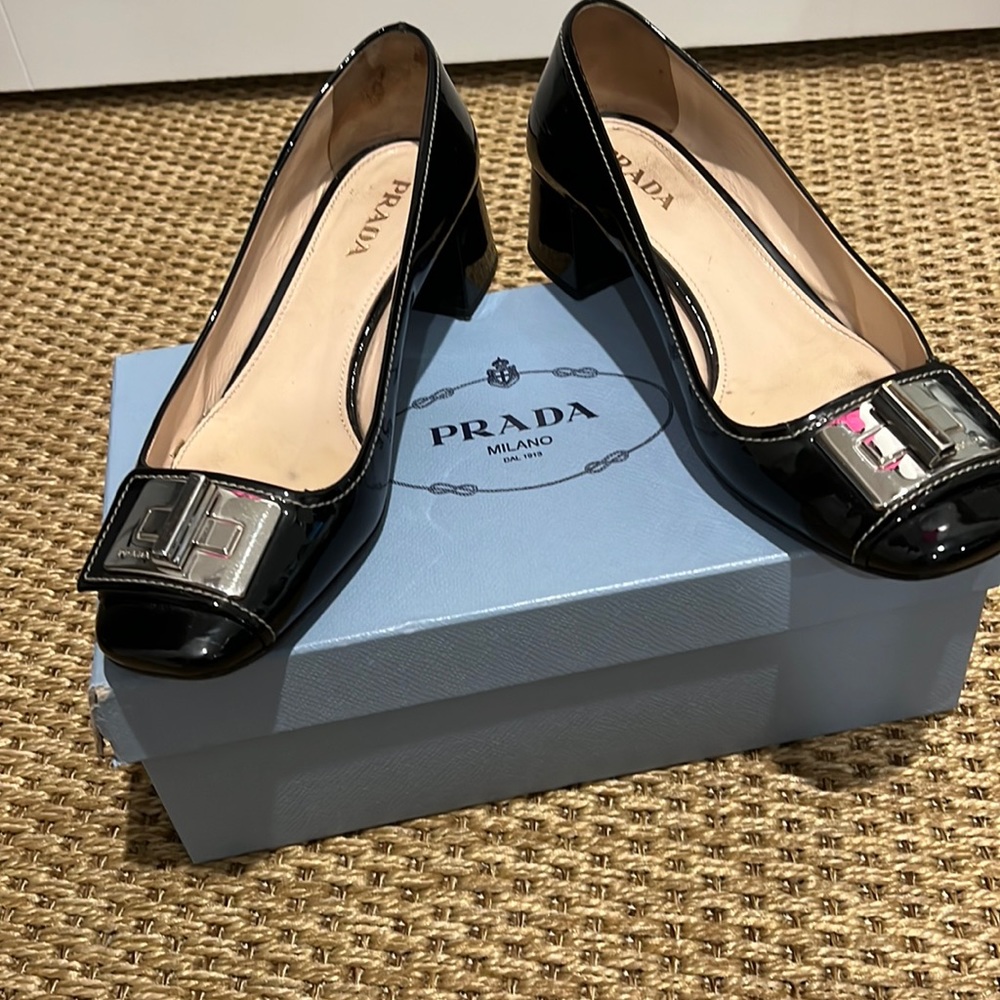 Prada Vernice Black Patent block heel pump w/silver buckle and 2 inch heel